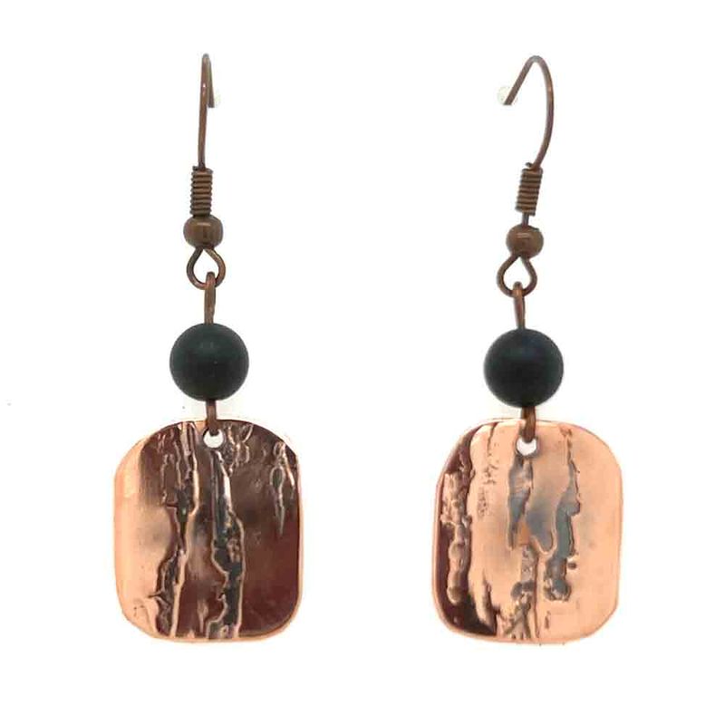 COPPER ROLLED RECTANGLE W/ONYX EARRINGS COPPER ROLLED RECTANGLE W/ONYX EARRINGS