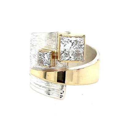 SILVER/14KT DOUBLE SQUARE DIAMOND RING - SIZE 8.5