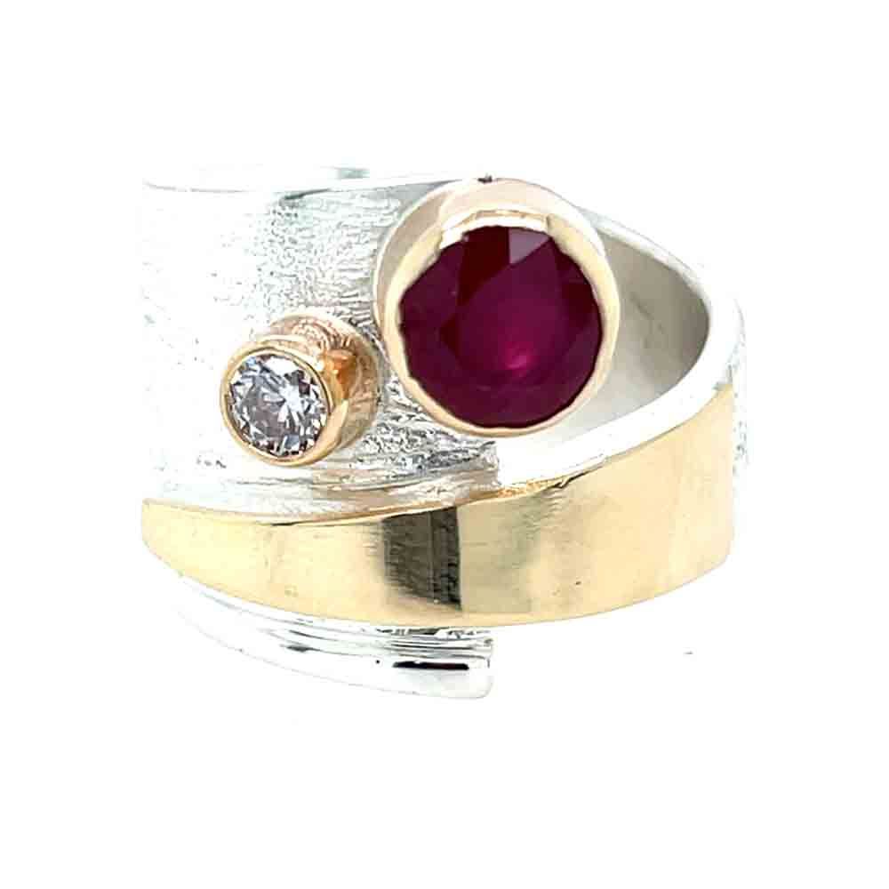 SILVER/14K RUBY &amp; DIAMOND WRAP RING - SIZE 8.5