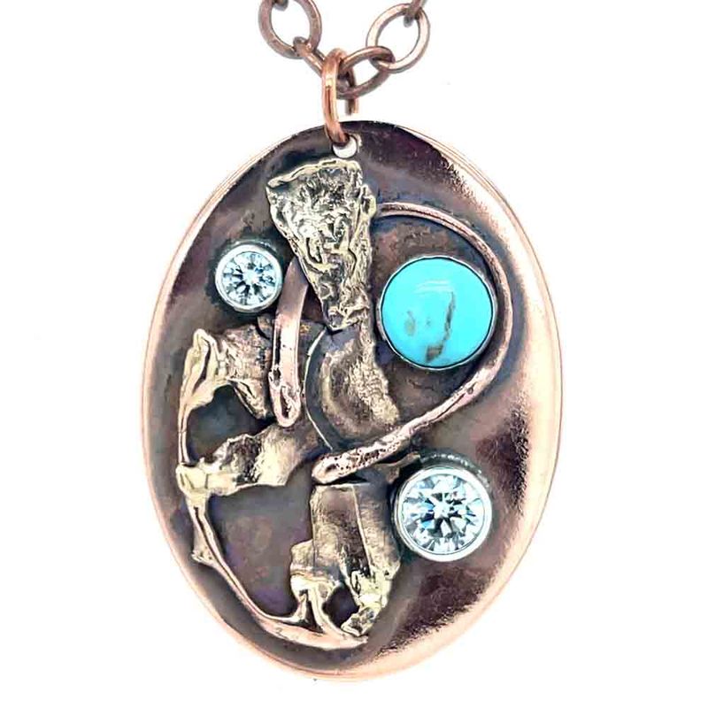 MIXED METALS OVERLAY W/TURQUOISE &amp; CZ'S OVAL NECKLACE