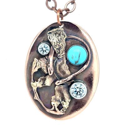 MIXED METALS OVERLAY W/TURQUOISE &amp; CZ'S OVAL NECKLACE