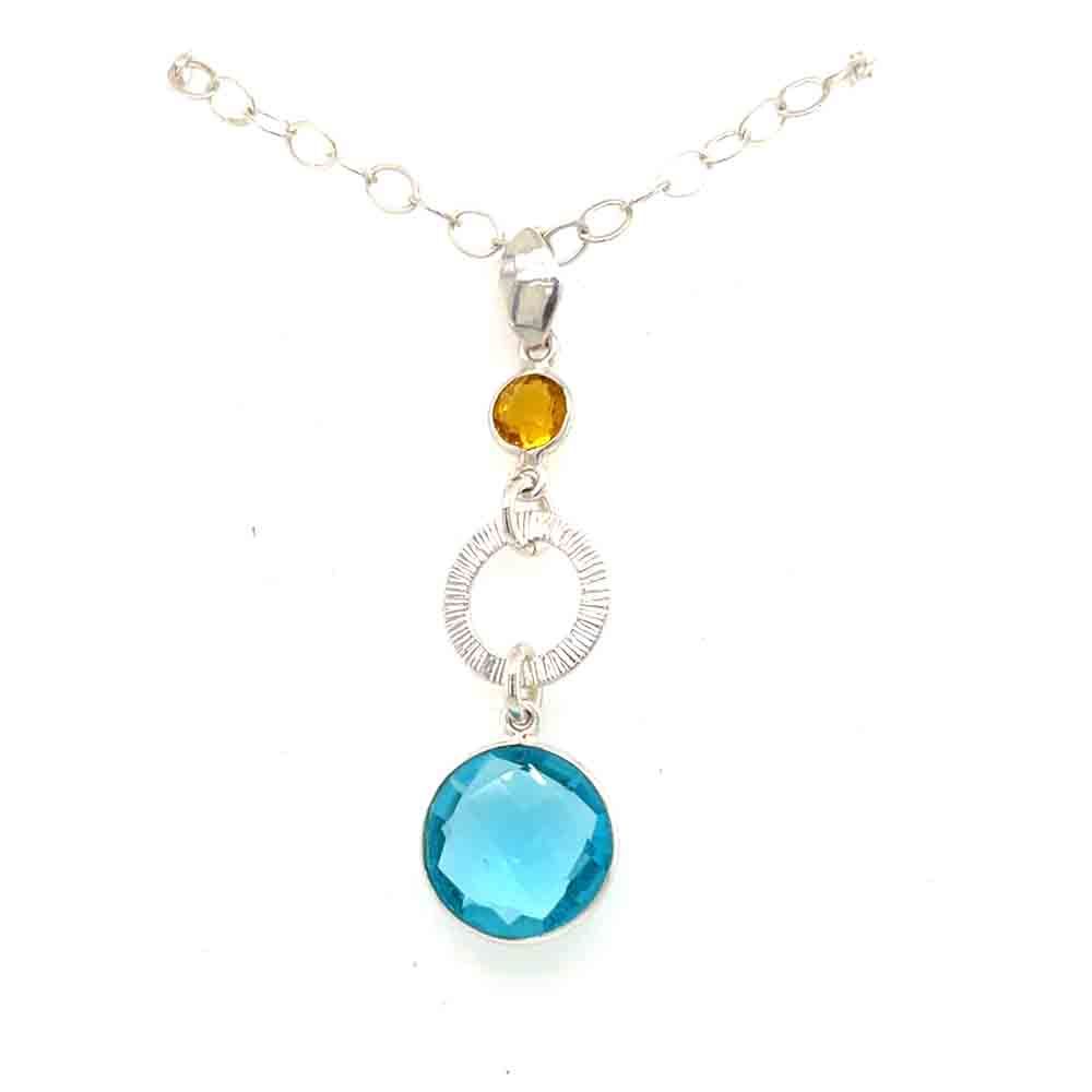 SILVER BLUE TOPAZ &amp; CITRINE TEXTURED PENDANT