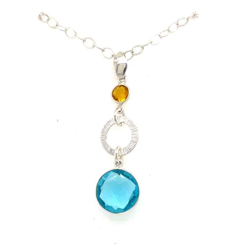 SILVER BLUE TOPAZ &amp; CITRINE TEXTURED PENDANT