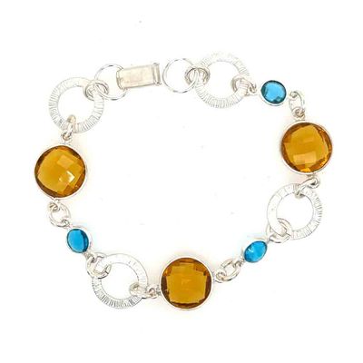 SILVER TOPAZ &amp; CITRINE TEXTURED LINKED BRACELET