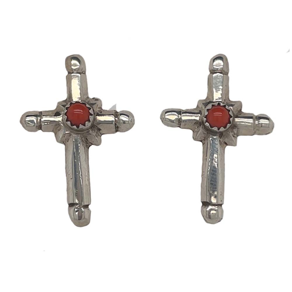 SILVER CORAL CROSS STUD EARRINGS NAVAJO-RB