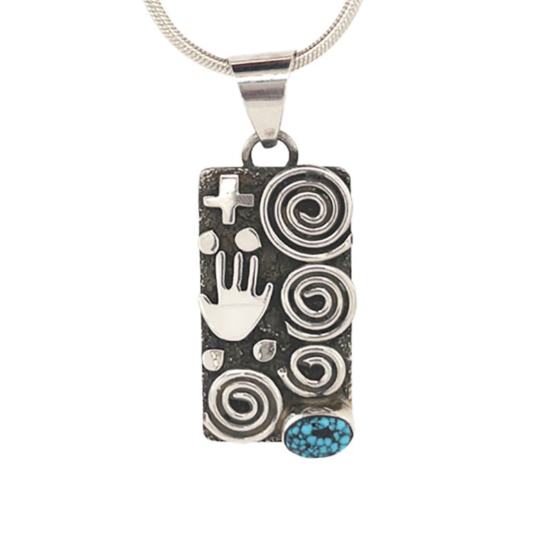 SILVER TURQUOISE &amp; SYMBOLS PENDANT NAVAJO-ALEX SANCHEZ