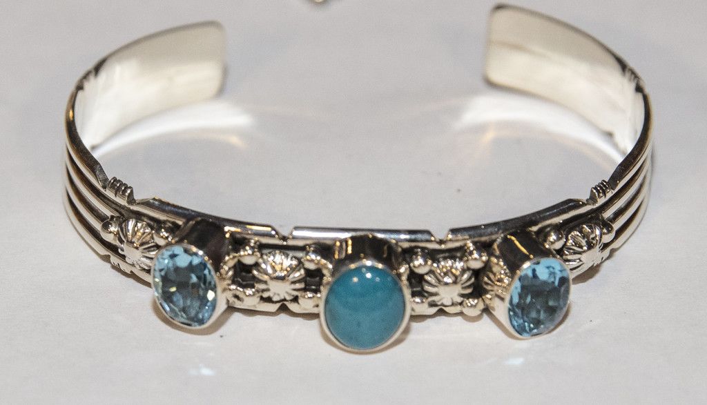 SILVER TURQUOISE &amp; TOPAZ CUFF BRACELET NAVAJO-J. DEKGARITO