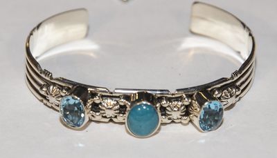 SILVER TURQUOISE &amp; TOPAZ CUFF BRACELET NAVAJO-J. DEKGARITO