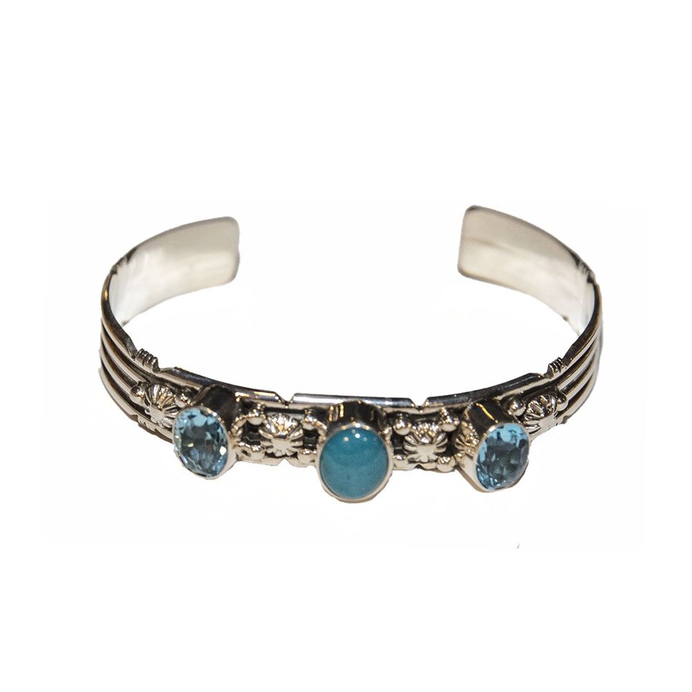 SILVER TURQUOISE &amp; TOPAZ CUFF BRACELET NAVAJO-J. DEKGARITO