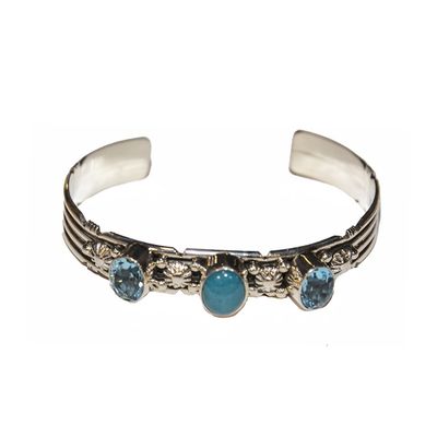 SILVER TURQUOISE & TOPAZ CUFF BRACELET NAVAJO-J. DEKGARITO SILVER TURQUOISE & TOPAZ CUFF BRACELET NAVAJO-J. DEKGARITO