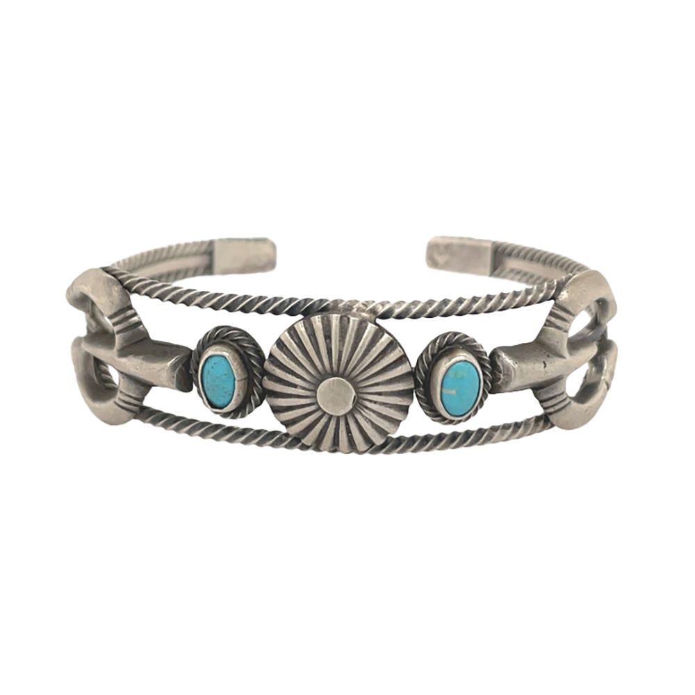 SILVER BRUSHED TURQUOISE CUFF BRACELET NAVAJO - BOBBY PLATERO