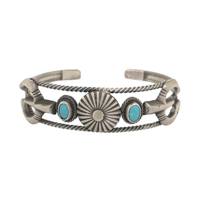 SILVER BRUSHED TURQUOISE CUFF BRACELET NAVAJO - BOBBY PLATERO