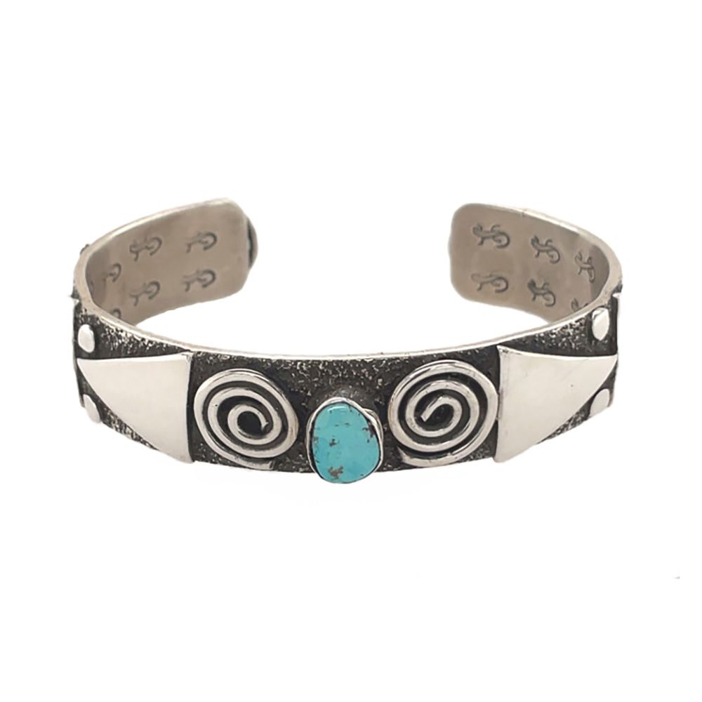 SILVER SYMBOL &amp; TURQUOISE CUFF BRACELET NAVAJO-ALEX SANCHEZ