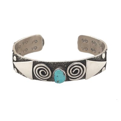SILVER SYMBOL &amp; TURQUOISE CUFF BRACELET NAVAJO-ALEX SANCHEZ