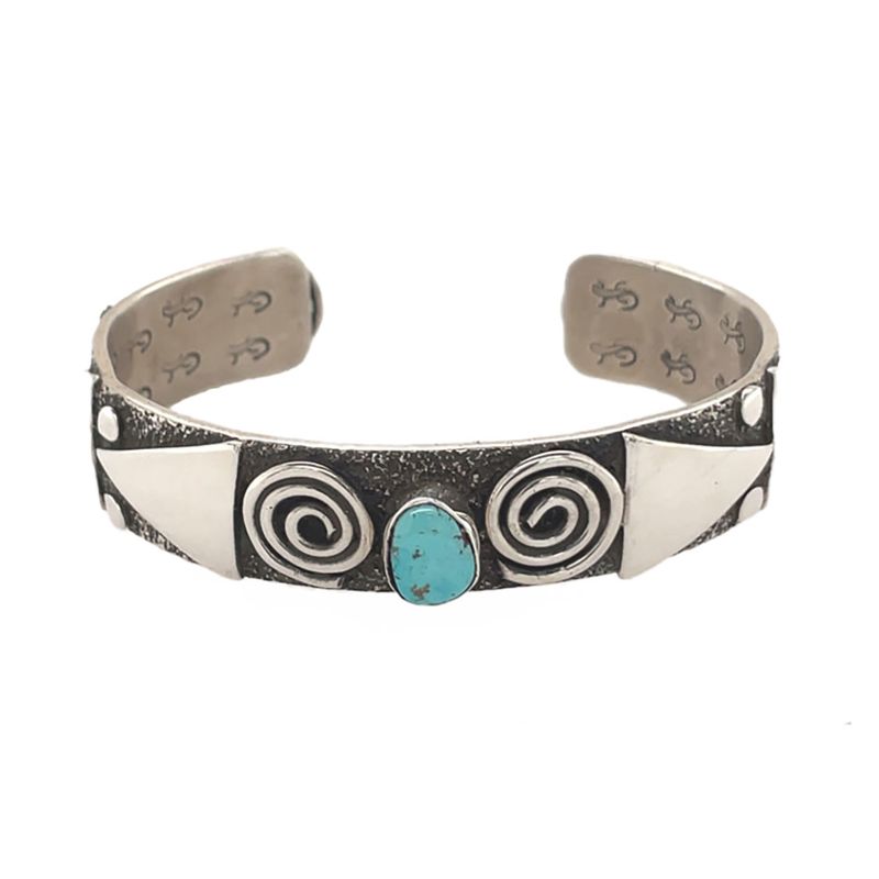 SILVER SYMBOL &amp; TURQUOISE CUFF BRACELET NAVAJO-ALEX SANCHEZ