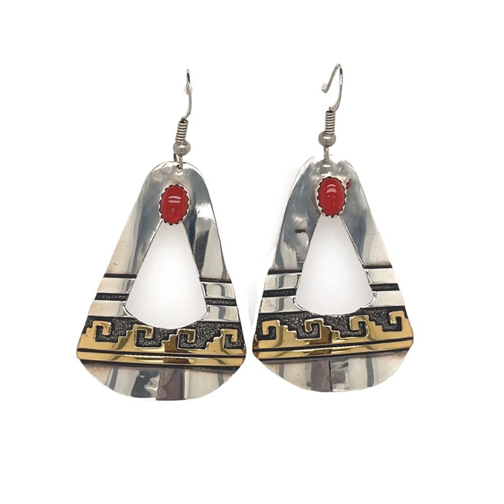 SILVER &amp; GOLD-FILLED CORAL EARRINGS NAVAJO - T&amp;R SINGER