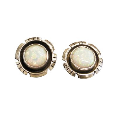 SILVER ROUND WHITE OPAL EARRINGS NAVAJO - AMOS BEGAY