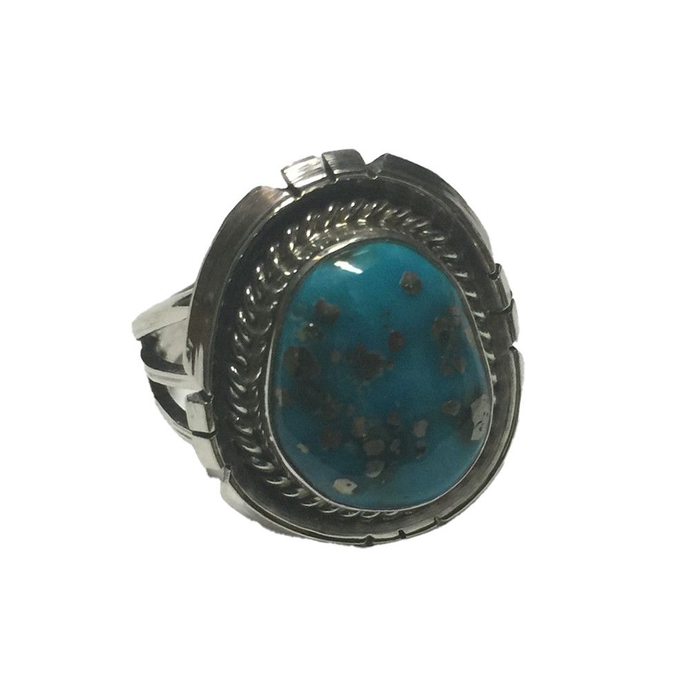SILVER TURQUOISE RING NAVAJO-SAMUEL YELLOWHAIR - SIZE 7