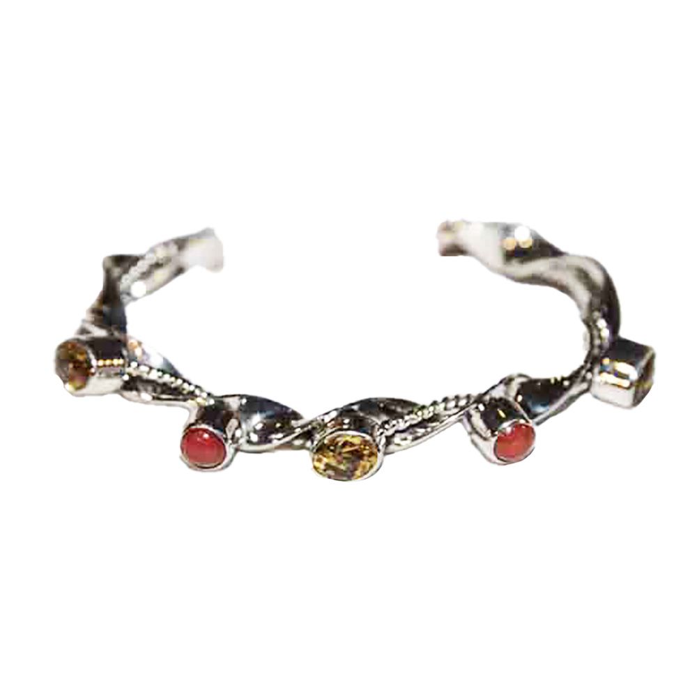 SILVER CORAL &amp; CITRINE  CUFF BRACELET NAVAJO - T. LEWIS