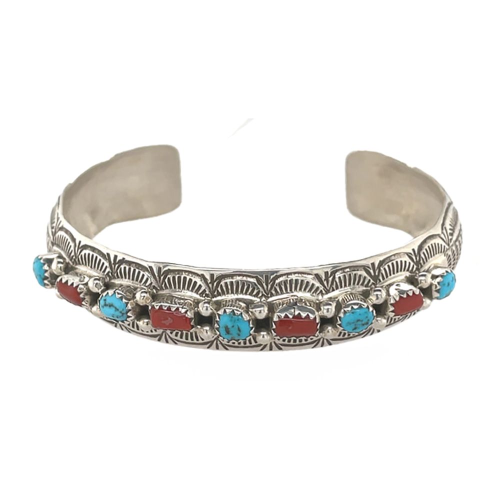 SILVER TURQUOISE &amp; CORAL CUFF BRACELET NAVAJO - GS