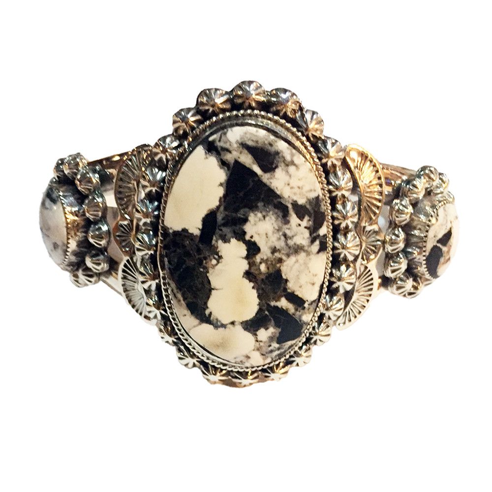 SILVER 3-OVAL WHITE BUFFALO CUFF BRACELET NAVAJO -GLENN YAZZIE