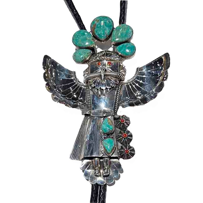 SILVER LARGE KACHINA BOLO TIE NAVAJO-ALVIN JOE