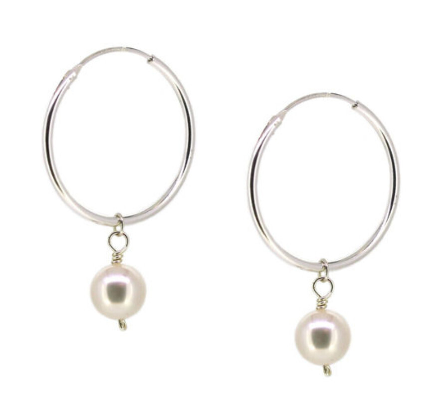 SILVER HOOP &amp; PEARL EARRINGS