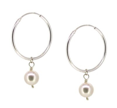 SILVER HOOP &amp; PEARL EARRINGS