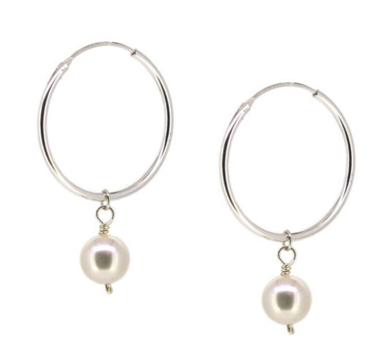 SILVER HOOP &amp; PEARL EARRINGS
