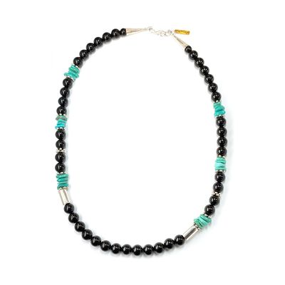 SILVER ONYX & TURQUOISE BEAD NECKLACE NAVAJO - T&R SINGER SILVER ONYX & TURQUOISE BEAD NECKLACE NAVAJO - T&R SINGER