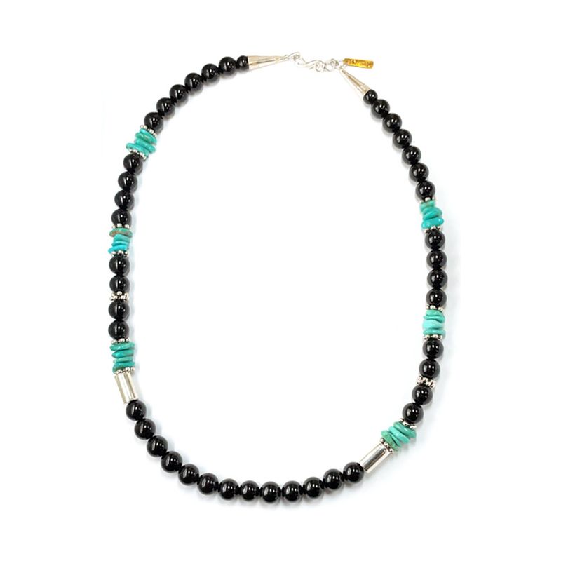 SILVER ONYX &amp; TURQUOISE BEAD NECKLACE NAVAJO - T&amp;R SINGER