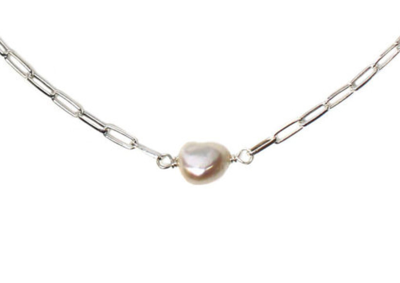 SILVER BARQUE PEARL PAPERCLIP LINK NECKLACE