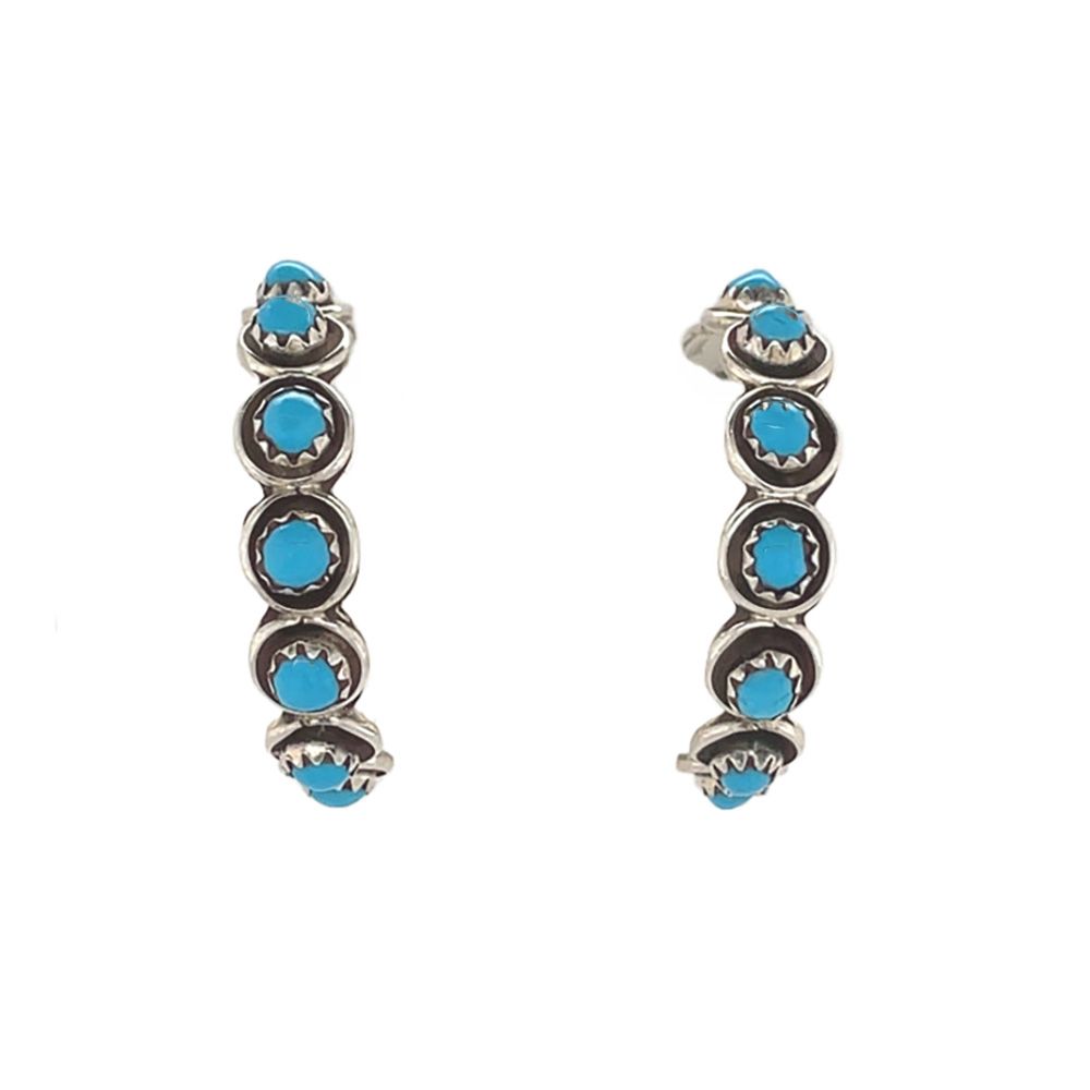SILVER TURQUOISE HOOP EARRINGS ZUNI-FLORENDA LONASEE