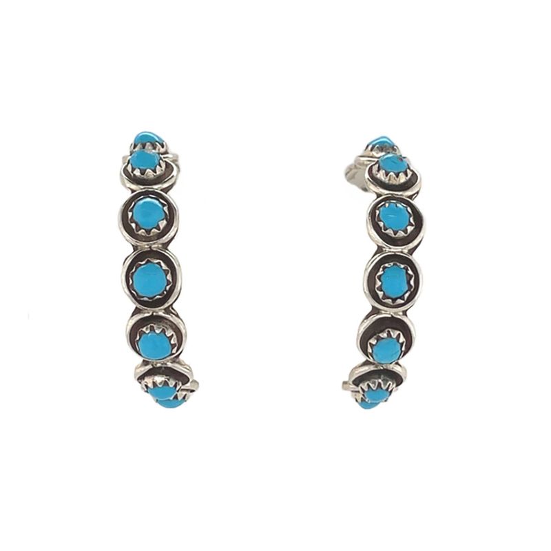 SILVER TURQUOISE HOOP EARRINGS ZUNI-FLORENDA LONASEE