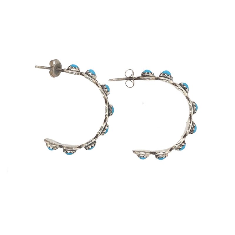 SILVER TURQUOISE HOOP EARRINGS ZUNI-FLORENDA LONASEE