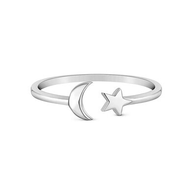 SILVER SMOOTH MOON &amp; STAR CUFF RING