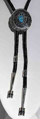 SILVER TURQUOISE STAMPED BOLO TIE NAVAJO-T&amp;R SINGER