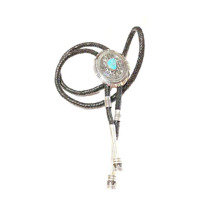 SILVER TURQUOISE STAMPED BOLO TIE NAVAJO-T&amp;R SINGER
