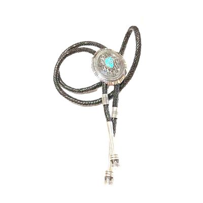 SILVER TURQUOISE STAMPED BOLO TIE NAVAJO-T&R SINGER