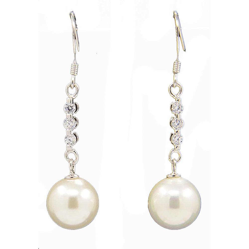 SILVER TRIPLE CZ &amp; FRESHWATER PEARL EARRINGS