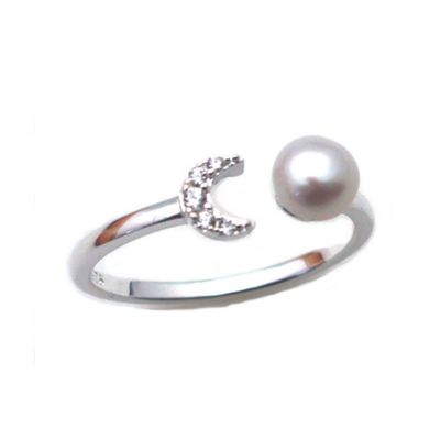 SILVER PEARL &amp; MOON CZ RING