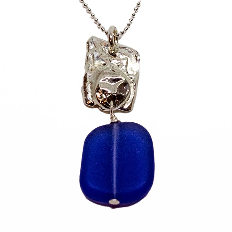 SILVER RECTANGLE SEA GLASS COBALT BLUE PENDANT