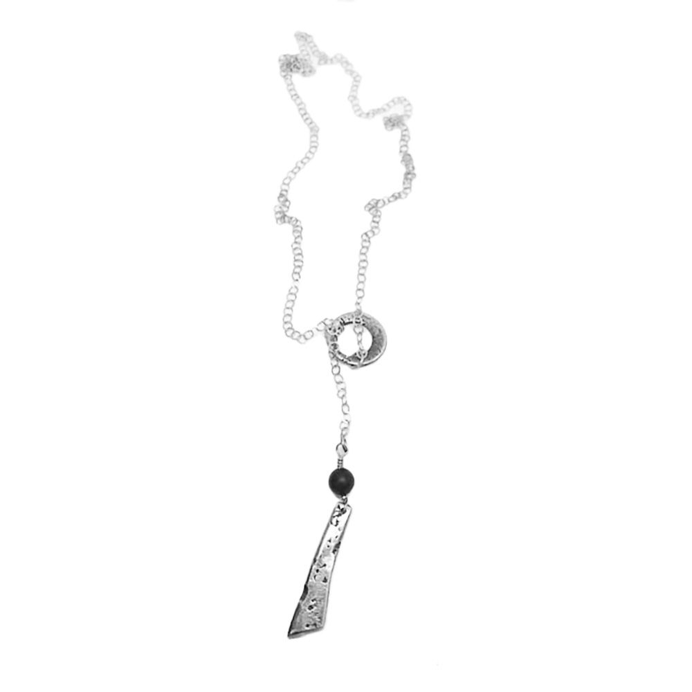 SILVER OXIDIZED CORK &amp; ONYX LARIAT