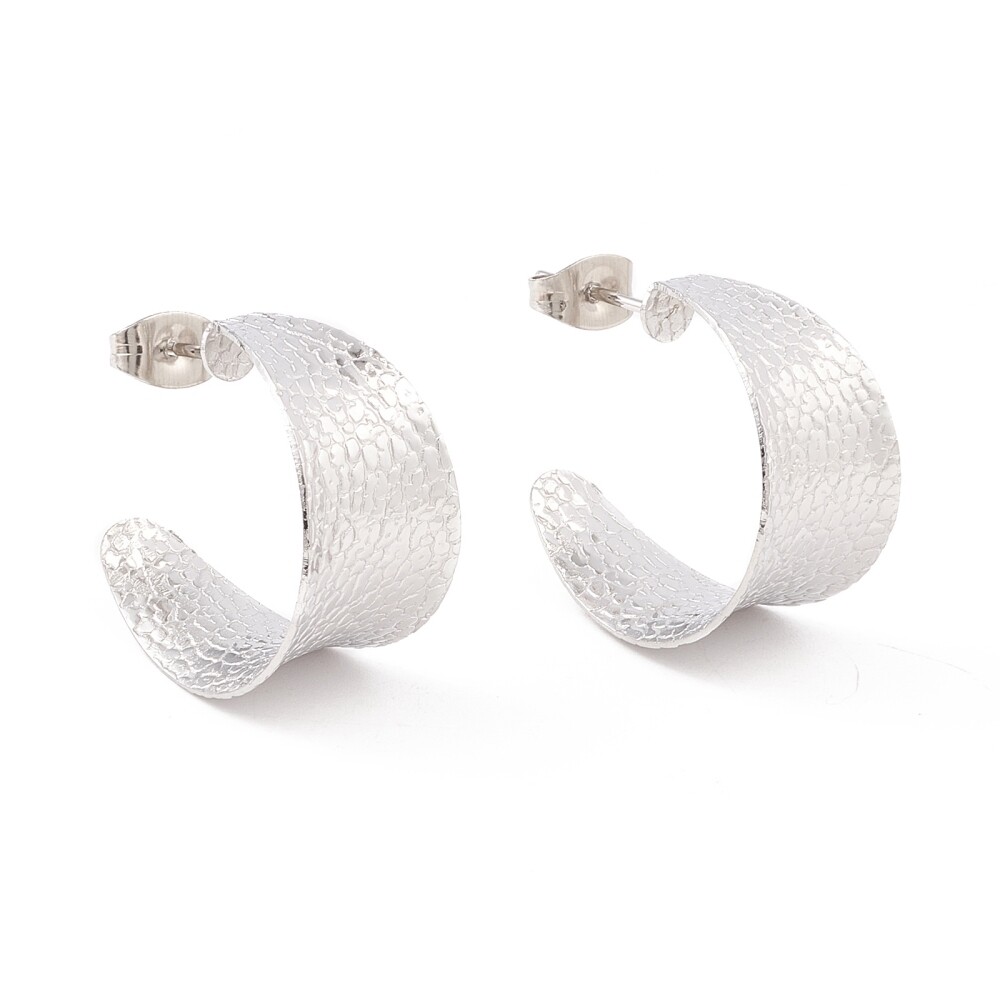 SILVER STAINLESS CONCAVE TEXTURE HOOP EARRINGS