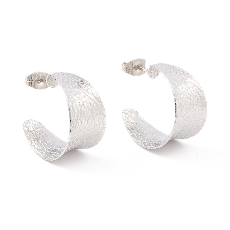 SILVER STAINLESS CONCAVE TEXTURE HOOP EARRINGS