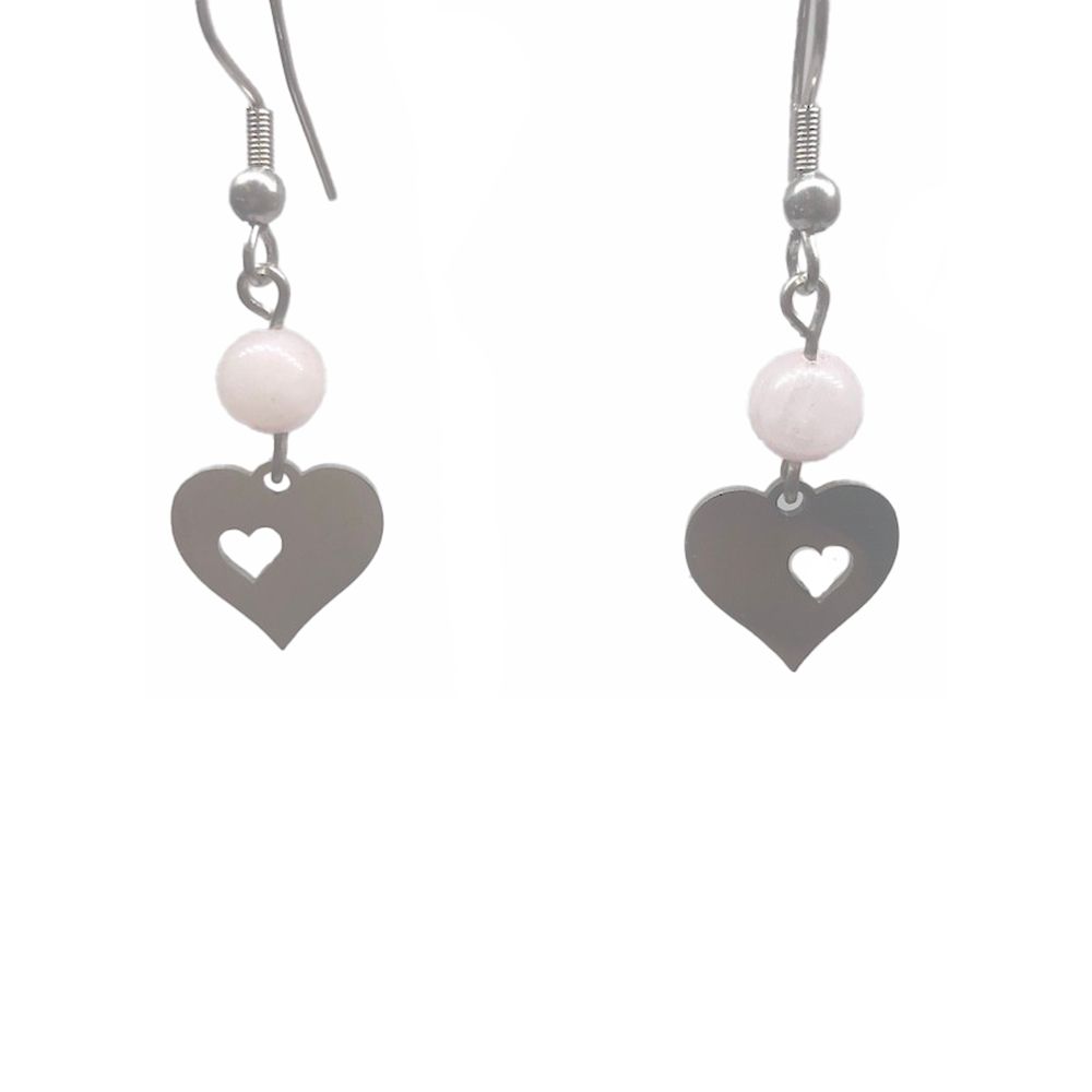 SILVER STAINLESS ROSE QUARTZ HEART EARRINGS