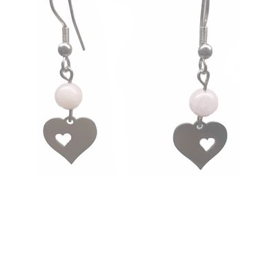 SILVER STAINLESS ROSE QUARTZ HEART EARRINGS