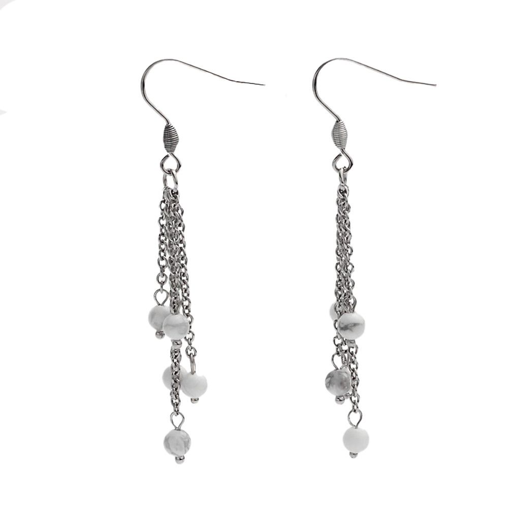 SILVER STAINLESS HOWLITE BEAD &amp; CHAIN EARRINGS