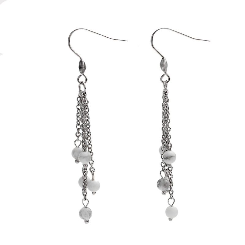 SILVER STAINLESS HOWLITE BEAD &amp; CHAIN EARRINGS