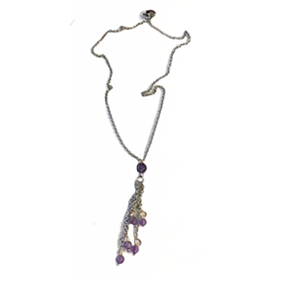 SILVER STAINLESS AMETHYST BEAD &amp; CHAIN NECKLACE